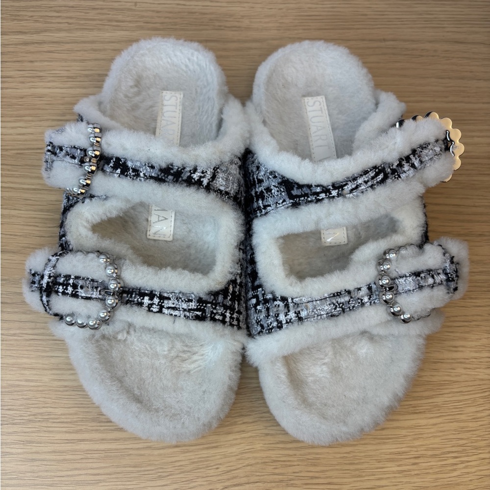Stuart Weitzman Piper Chill Slide Tweed Sandals w/Pearl Accents Woman’s 7 NWOB